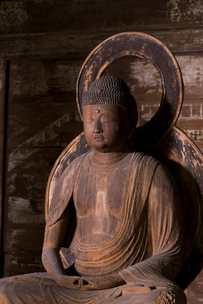 富貴寺の阿弥陀如来像、腰から上を右斜めから撮影。光に包まれた堂内で荘厳に鎮座する像の迫力ある表情