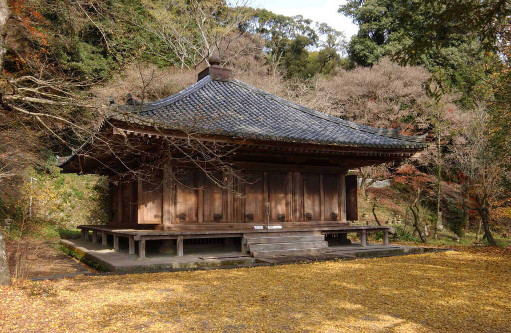 葉を落とした木々の奥に佇む富貴寺大堂。枯れ木に囲まれ、冬の中で凛とした美しさを放つ