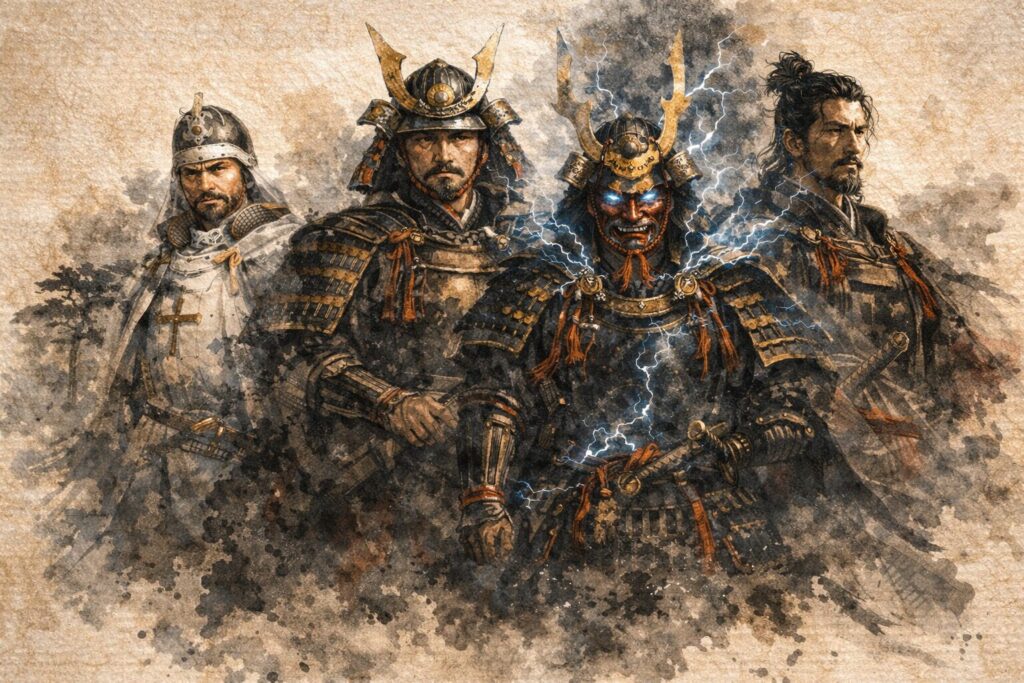 戦国時代の武将4人が並ぶイメージイラスト