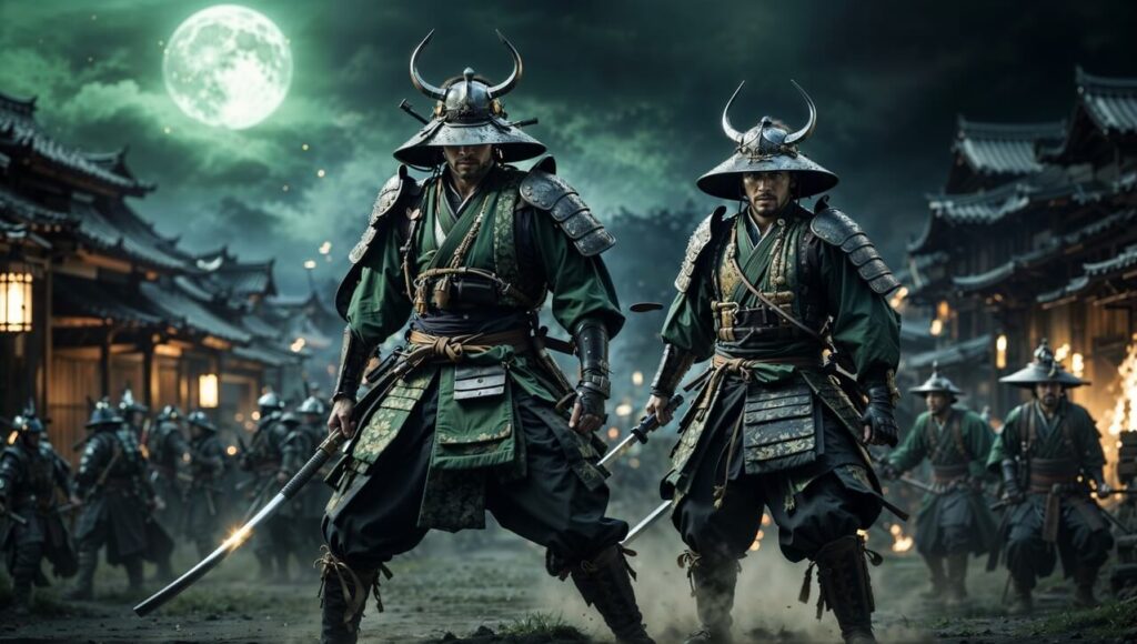 大友家を支えた両翼の武将、立花道雪と高橋紹運が並んで立つイメージイラスト