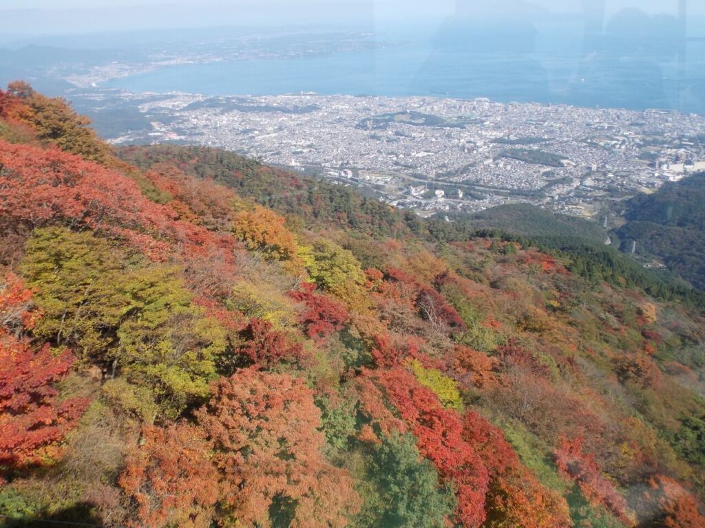 鶴見岳山頂から秋の紅葉、別府市の町並みと別府湾の景色