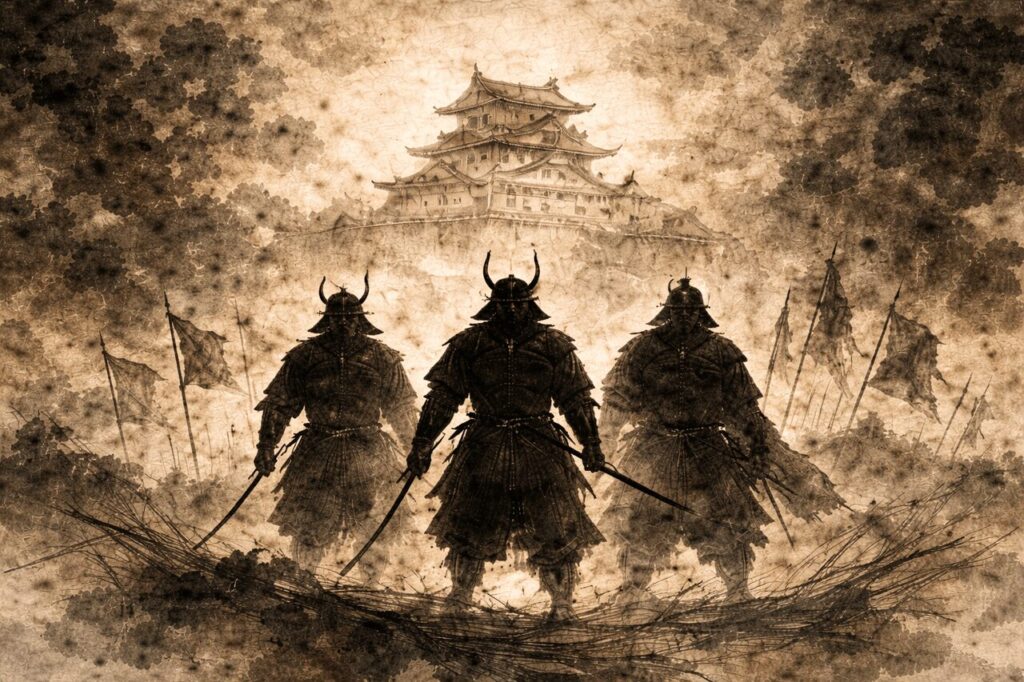 戦国時代の武将3人のシルエットと城を背景にしたセピア調のイメージ