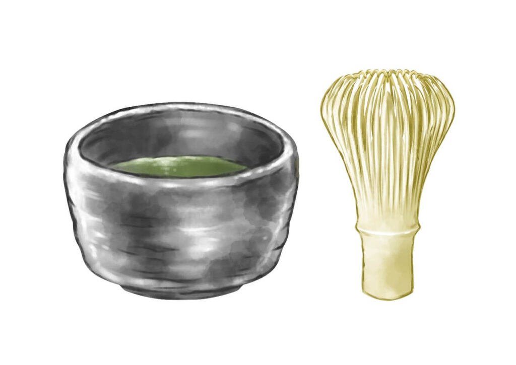 茶碗と茶筅を使った茶の湯の様子のアップ