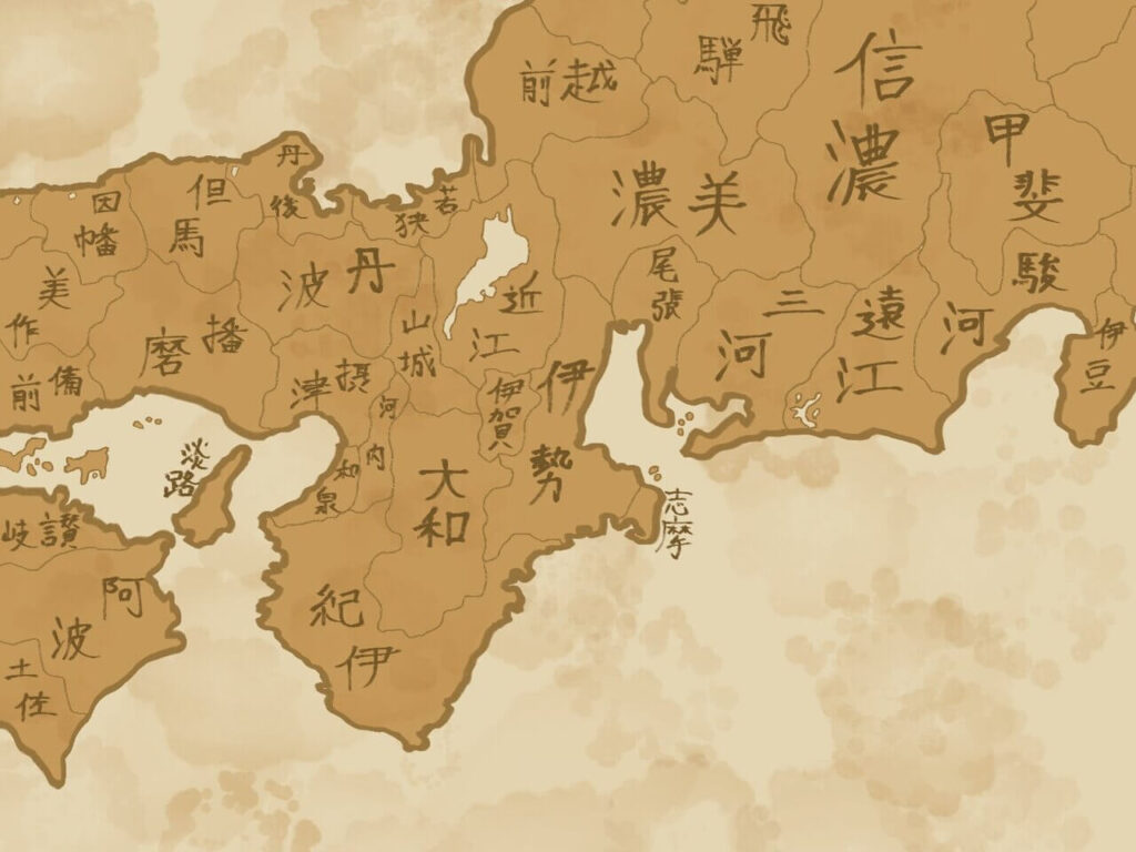 播磨国を中心に描かれた旧国名の地図と黒田官兵衛の出身地を示す歴史イメージ