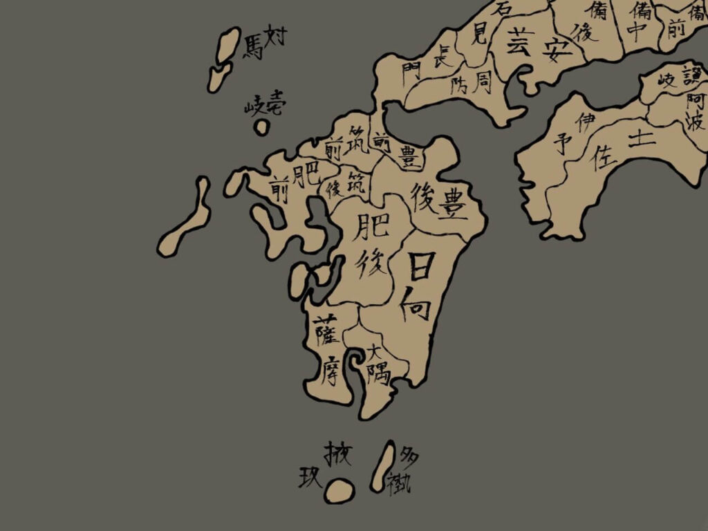 九州の旧国名が書かれた手書き風の古地図イメージ(戦国時代の勢力解説用画像)