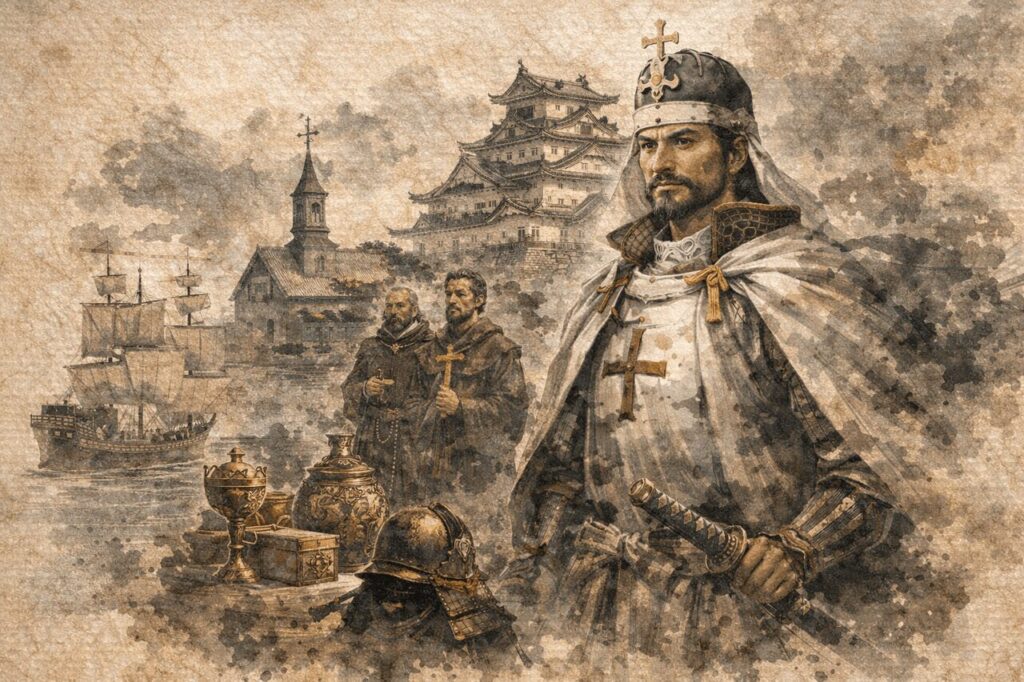 豊後の戦国大名大友宗麟のイラストと南蛮船や城を描いたキリシタン大名のイメージ画像