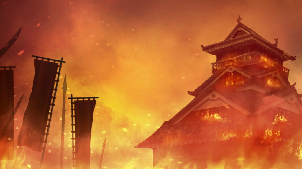 戦国時代の城が炎上する合戦イメージと九州の戦乱を象徴する歴史風景画像