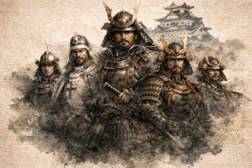 戦国武将が並び立つイメージと九州の戦国時代を象徴する武将たちの合戦イラスト