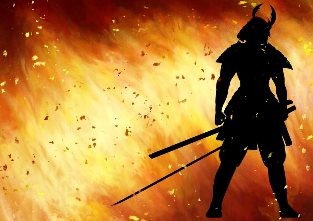 炎を背に立つ戦国武将のシルエットと鬼島津と呼ばれた島津義弘を象徴する合戦イメージ