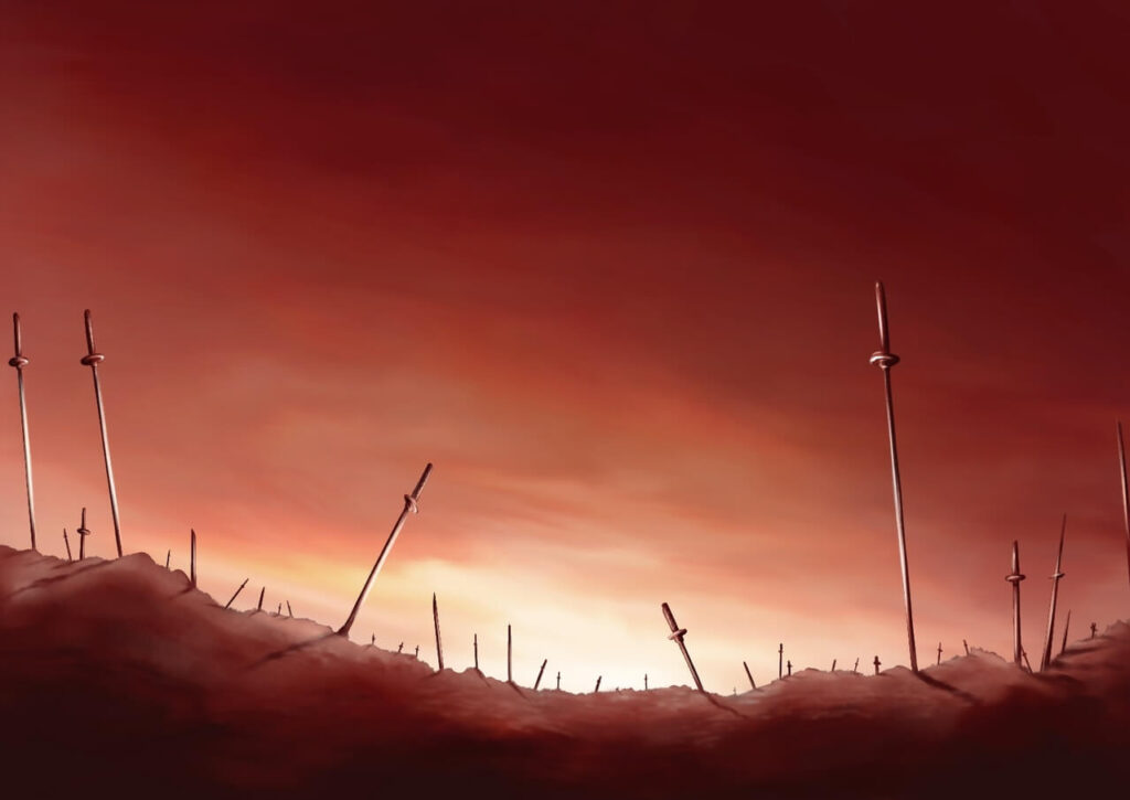 地面に突き立てられた刀と夕焼けの空を描いた戦国時代の戦いの終焉イメージ