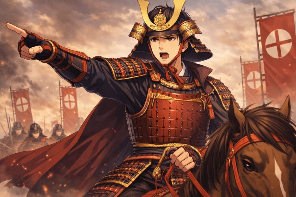 若く精悍な武将・島津義弘が、甲冑姿で馬上から前方を指揮するアニメ風イラスト。