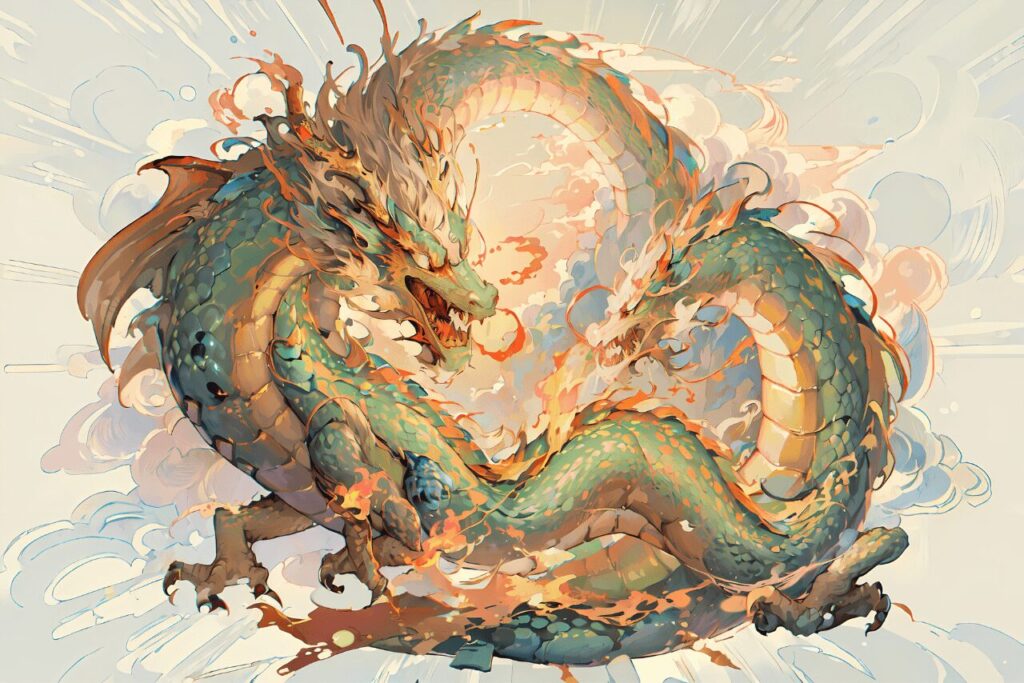 神々しい龍神のイラスト、水を司る神として信仰される龍神のイメージ