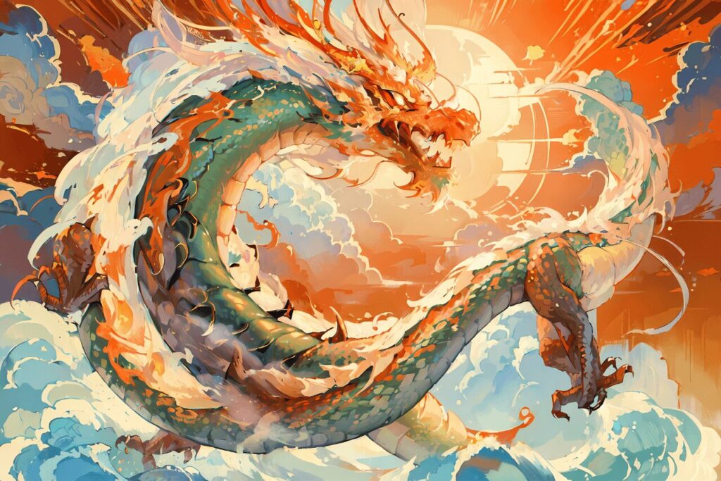 龍神のイラストイメージ、水を司る神として信仰される龍神信仰の象徴