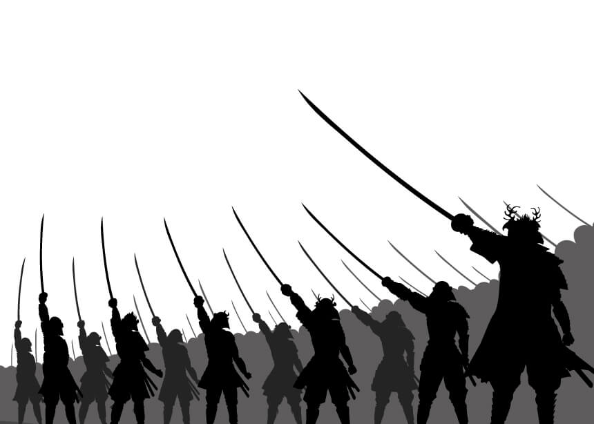 刀を掲げる武士たちのシルエット(決死の戦いに挑む兵の姿)