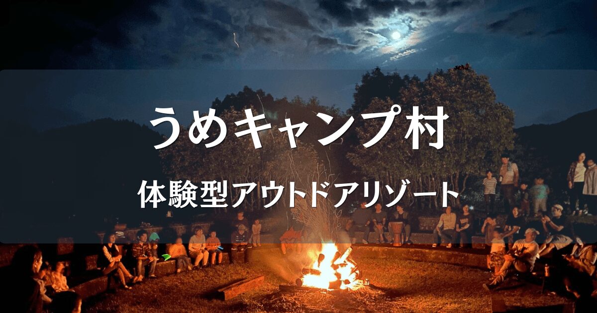 うめキャンプ村でキャンプファイアーを楽しむ夜の風景 佐伯市宇目のアウトドア施設