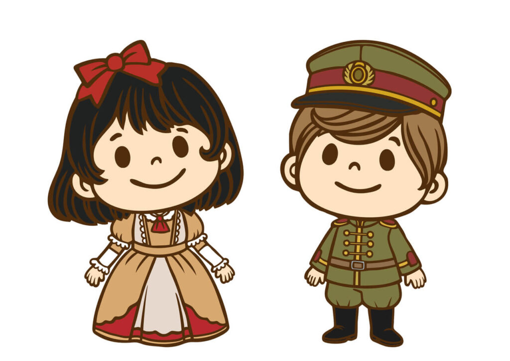 大正時代の洋装女性と軍服姿の男性のイラストによる大正デモクラシー期の社会と政治の変化を表現