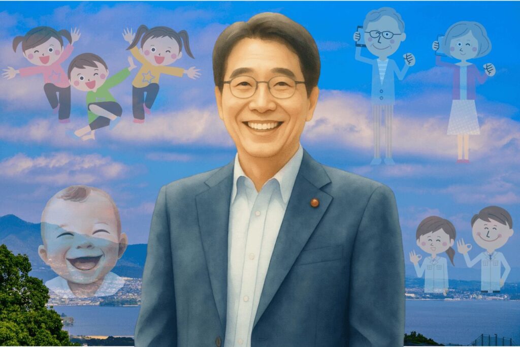 大分の自然を背景に子どもから高齢者までの世代を表現し、中央に吉良州司のイメージイラスト