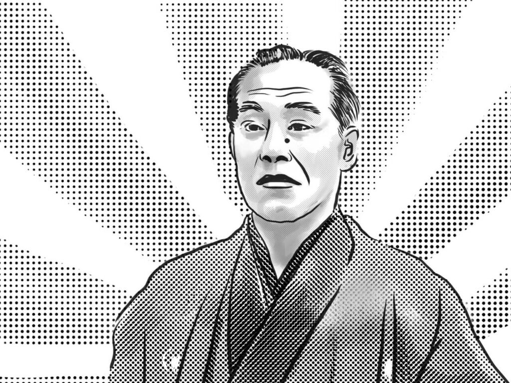 福沢諭吉のイラストを中心に、日本の独立自尊と外交・内政の理念を象徴する画像