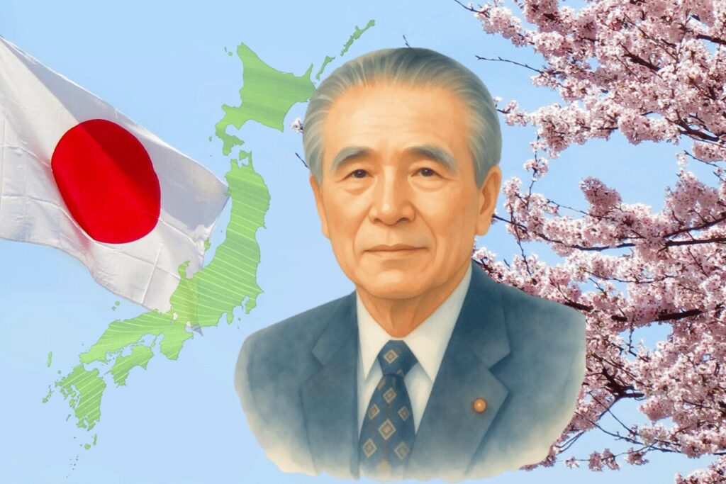 村山富市のイメージイラストを中心に、日本国旗や日本地図、桜と青空を背景にした元内閣総理大臣の象徴的な画像