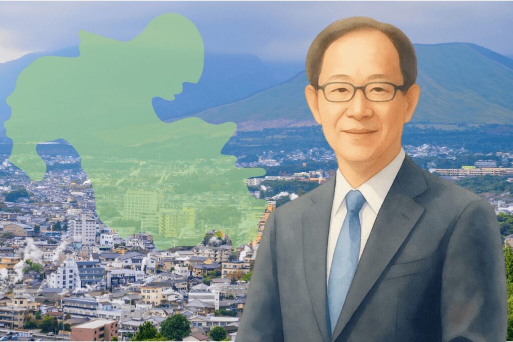 佐藤樹一郎のイラストと、別府市の温泉街の風景や大分県の地図を背景にしたイメージ画像