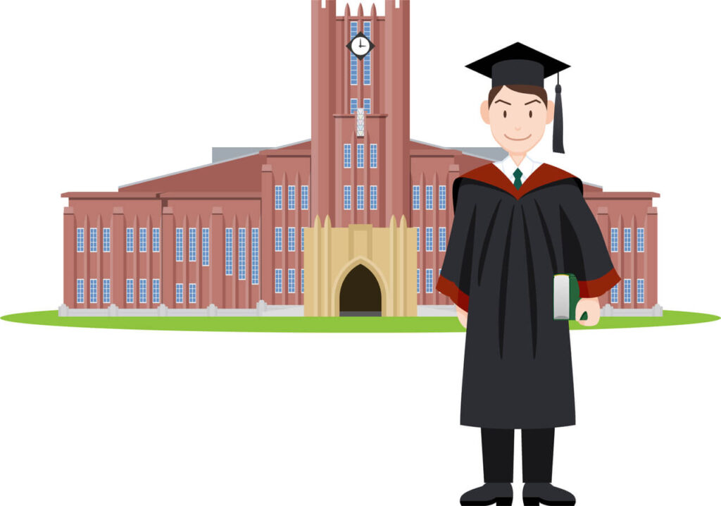 東京大学を象徴するイラストと、卒業生の男性を描いた学歴イメージ