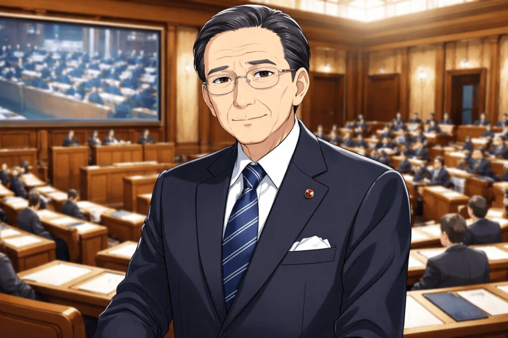 衛藤征士郎をイメージした人物イラスト、落ち着いた表情の政治家像