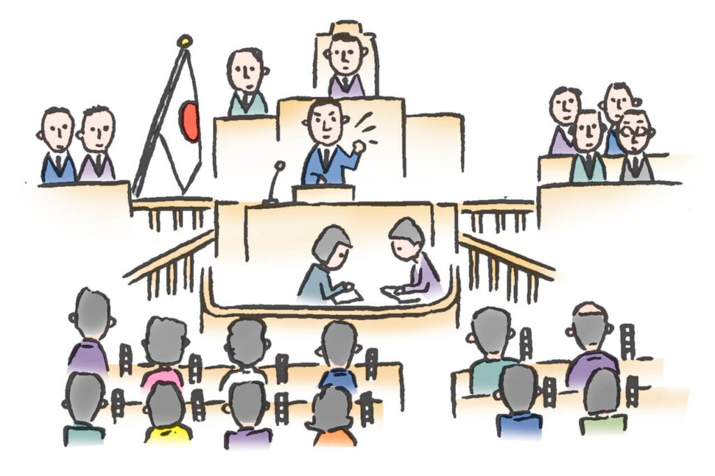 国会答弁の様子を俯瞰で描いたイラスト、議場全体と議員たちの様子