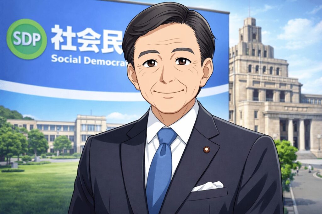 吉田忠智をイメージした人物イラスト、穏やかな表情の政治家像
