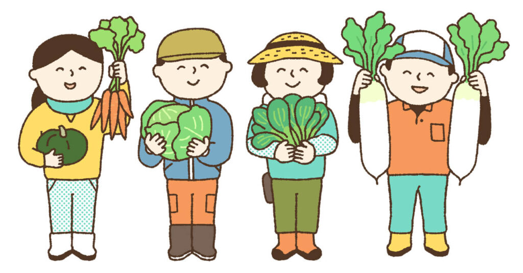農業生産者たちが収穫した野菜を手に持つ様子を描いたイラスト、地域産業の象徴