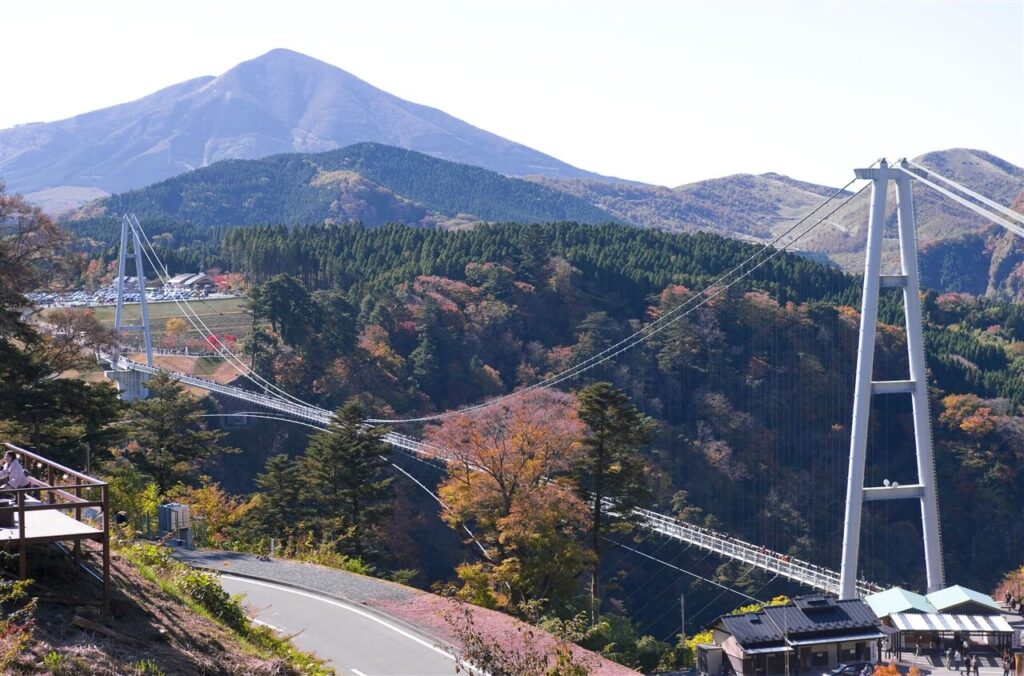 中学生以上500円で渡れる、斜め上の高台から見下ろす九重“夢”大吊橋の壮大な全体風景