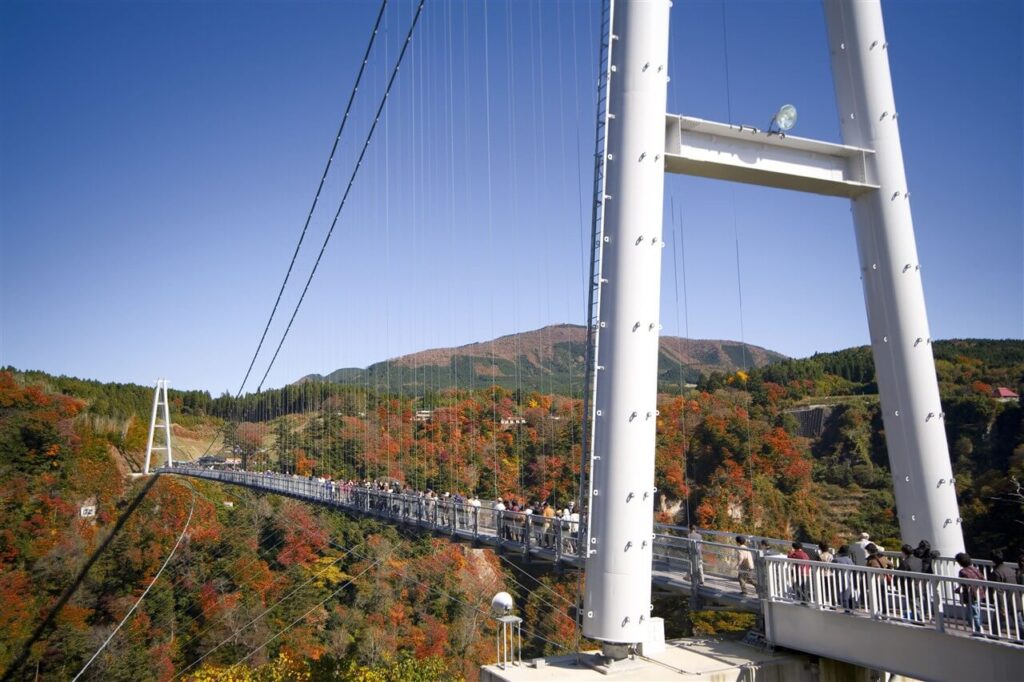 売店や展望スポットも充実した九重“夢”大吊橋で、紅葉の絶景を撮影する観光客の後ろ姿
