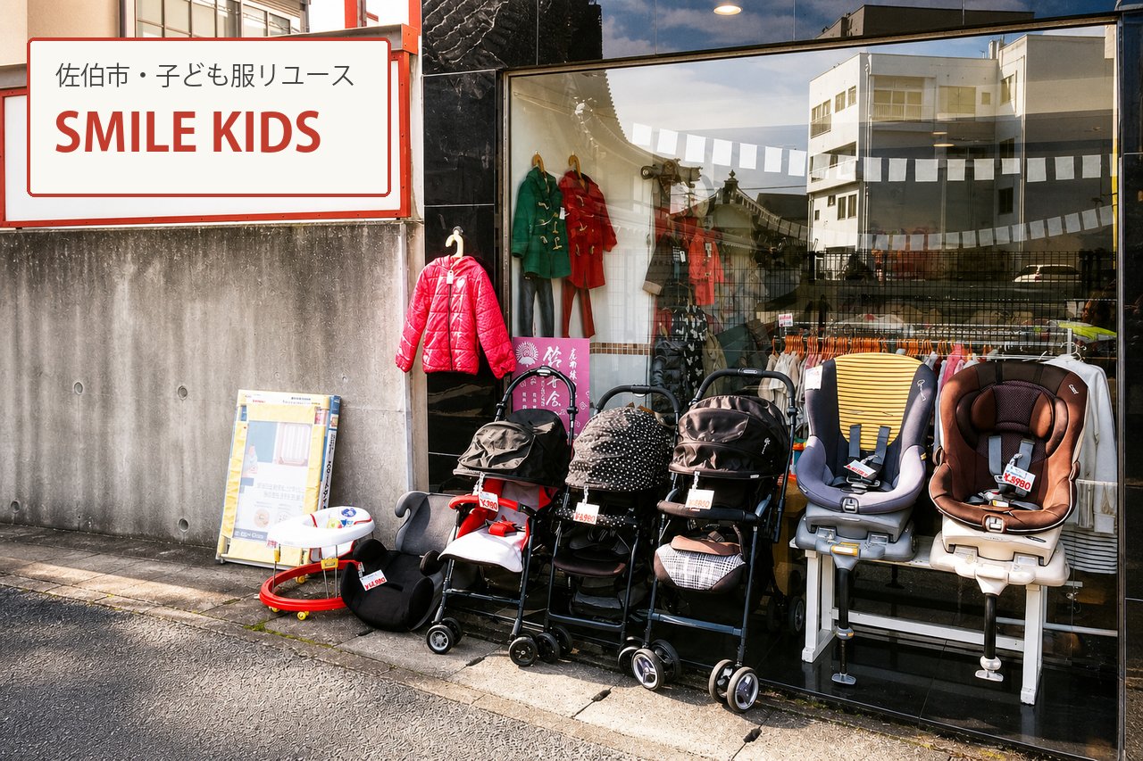 SMILE KIDSの店舗前に並ぶ子ども用品
