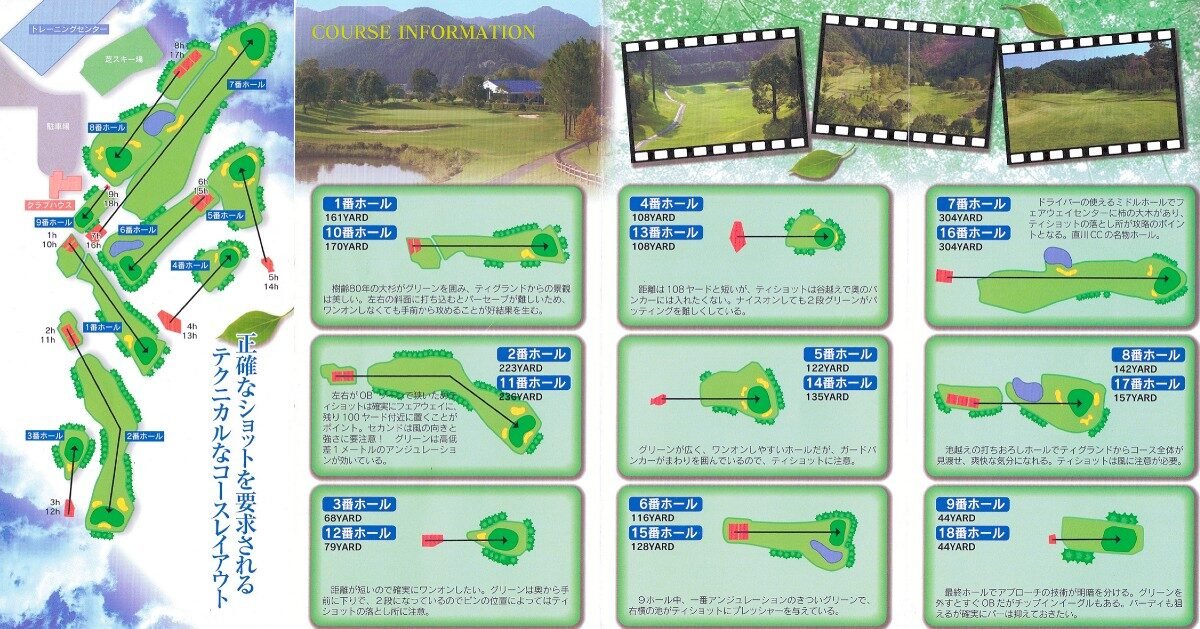 直川カントリー倶楽部のコースインフォメーション図。18ホールの配置と各ホールのヤード数・レイアウトの解説が掲載されている