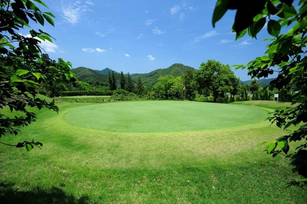 直川カントリー倶楽部の円形グリーン。山の稜線と緑豊かな木々を背景に、整備された広いグリーンが輝く晴天の風景
