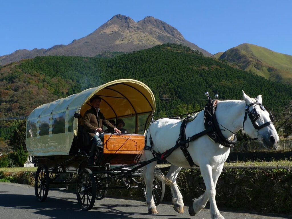 由布岳を背景に湯布院の街を走る観光馬車